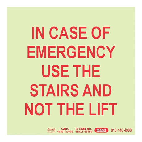 Parrot Photoluminescent 190mm Safety Sign E15 In Case Of Emergency Use The Stairs And Not The Lift SNP19E15