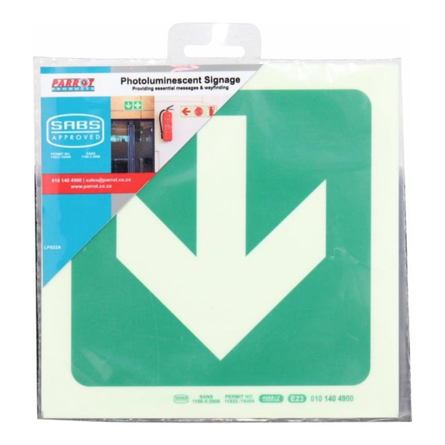 Parrot Photoluminescent 190mm Safety Sign E23 Arrow Down SNP19E23