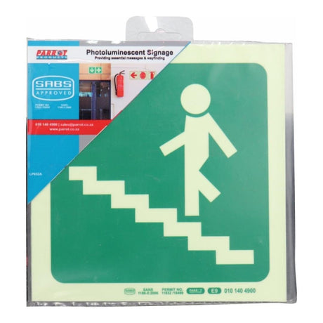 Parrot Photoluminescent 190mm Safety Sign E9 Running Man On Stairs Going Up And Left SNP19E9