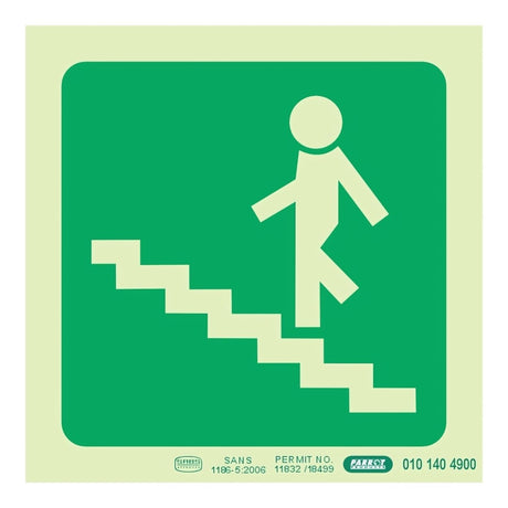 Parrot Photoluminescent 190mm Safety Sign E9 Running Man On Stairs Going Up And Left SNP19E9