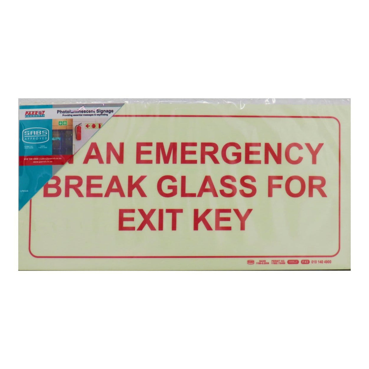 Parrot Photoluminescent 190mm In An Emergency Break Glass For Exit Key Safety Sign F43 SNP19F43