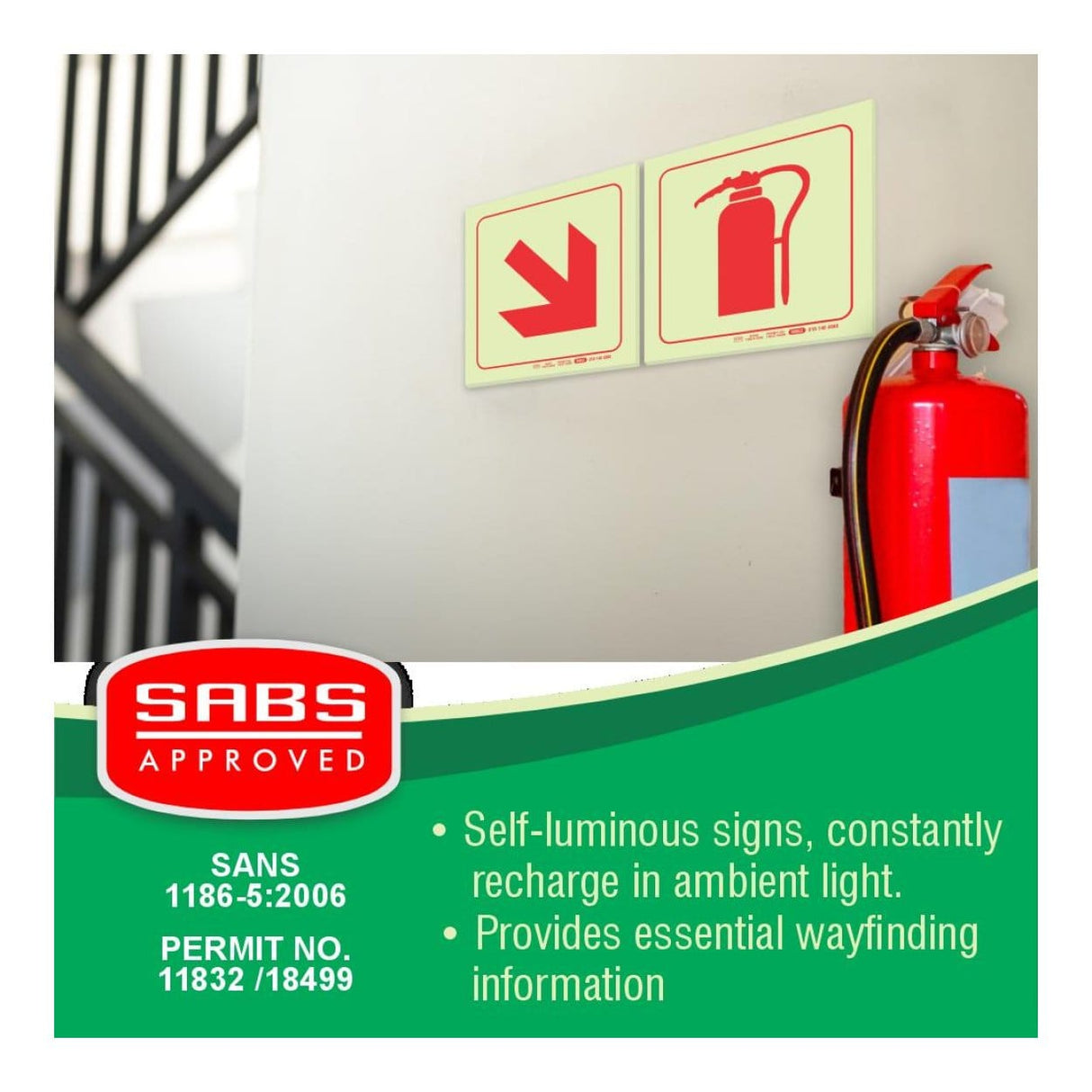 Parrot 190mm Photoluminescent F51 Diagonal Arrow Down And Right Safety Sign SNP19F51