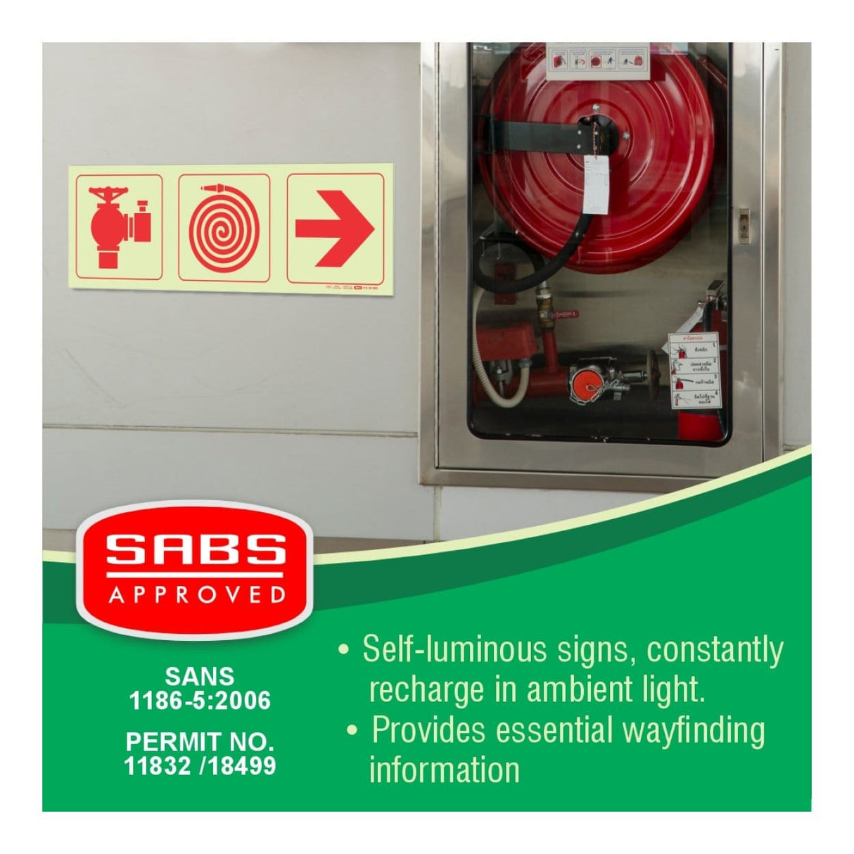 Parrot Photoluminescent 190mm Fire Hydrant Fire Hose Reel Arrow Right Safety Sign-F9 SNP19F9