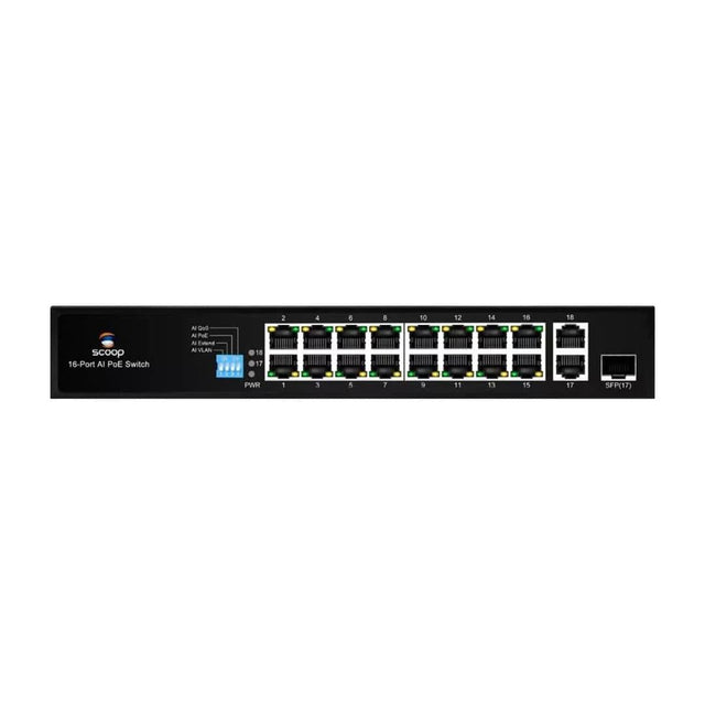 Scoop 16-port 150W 2x Gigabit 1x SFP Fast Ethernet AI PoE Network Switch SPS-16F2GS