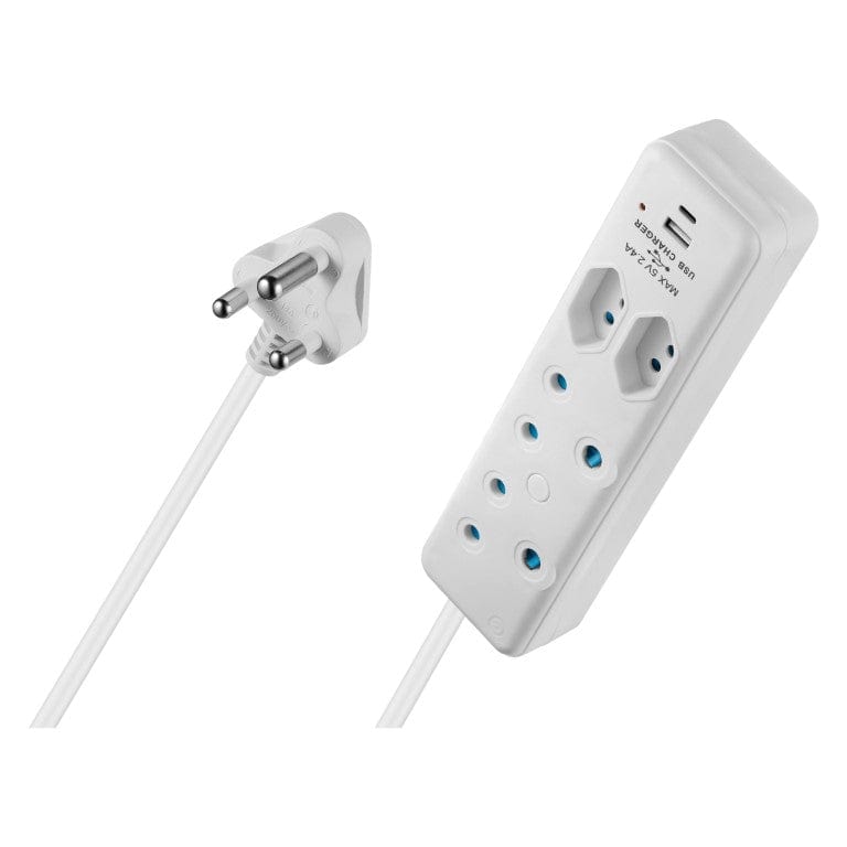 Switched 4-way Multiplug with 2m Cord and 1x Type-C and 1x USB-A Charg ...