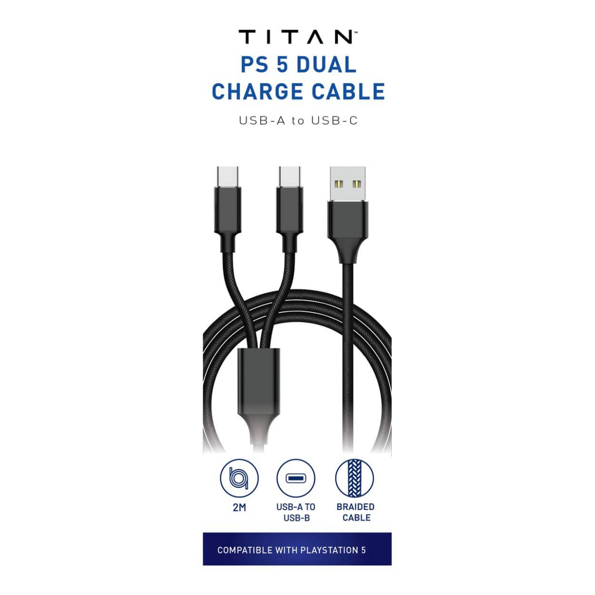 Titan PS5 Type-C to Type-A Dual Charging Cable 2m Black TG-DCCB-2MPS5