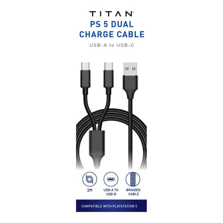 Titan PS5 Type-C to Type-A Dual Charging Cable 2m Black TG-DCCB-2MPS5