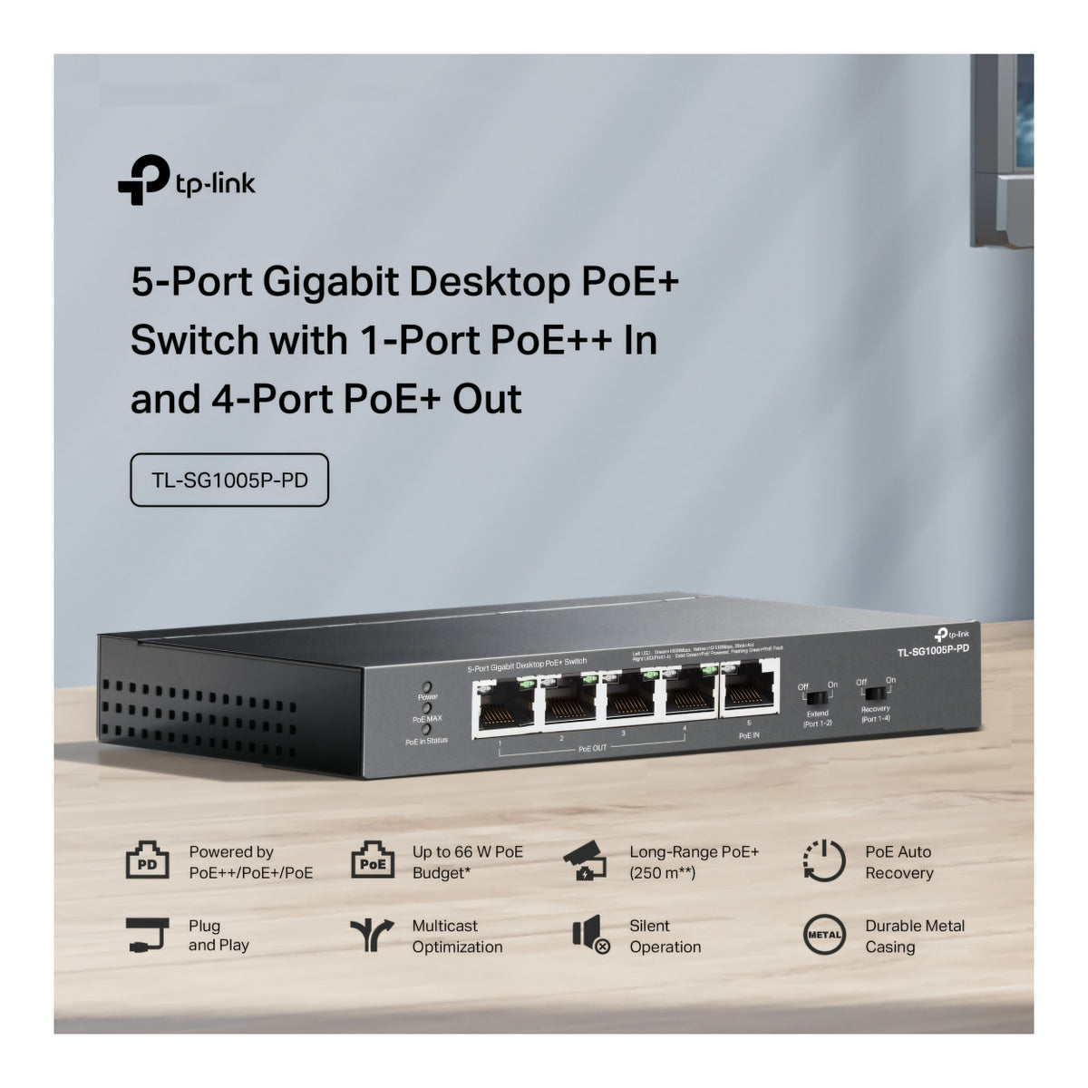 TP-Link 5-Port Gigabit 1-Port PoE++ In and 4-Port PoE+ Out Desktop Switch TL-SG1005P-PD