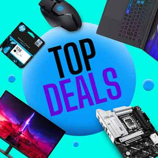 Promotional graphic with the words 'TOP DEALS' in large black and purple text over a bright blue circle, surrounded by tech products including a gaming mouse, keyboard, monitor, laptop corner, and motherboard on a turquoise background.