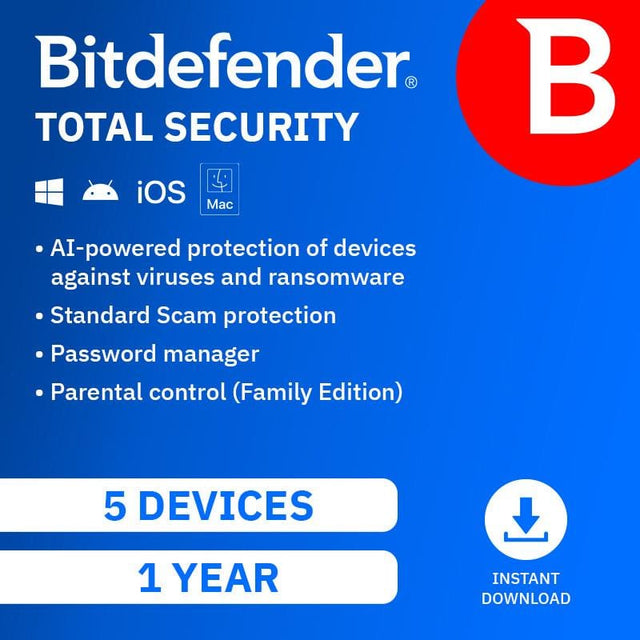 Bitdefender Total Security Individual 5 Device 1-Year Subscription Download