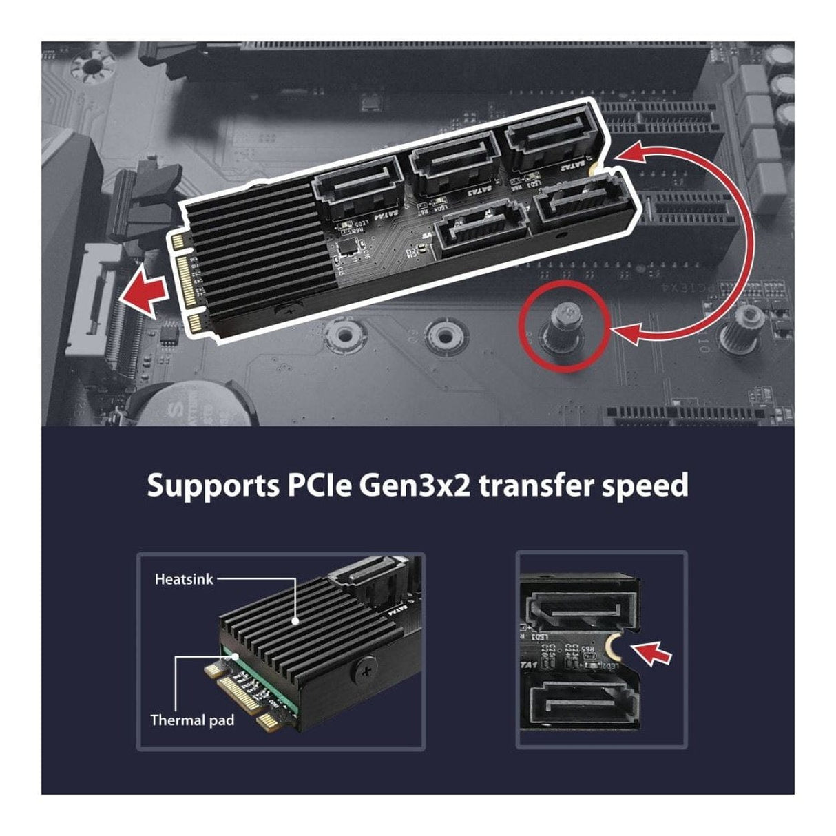 Vantec M.2 PCIe Gen3x2 B+M Key to 5-port SATA Expansion Card UGT-M2670