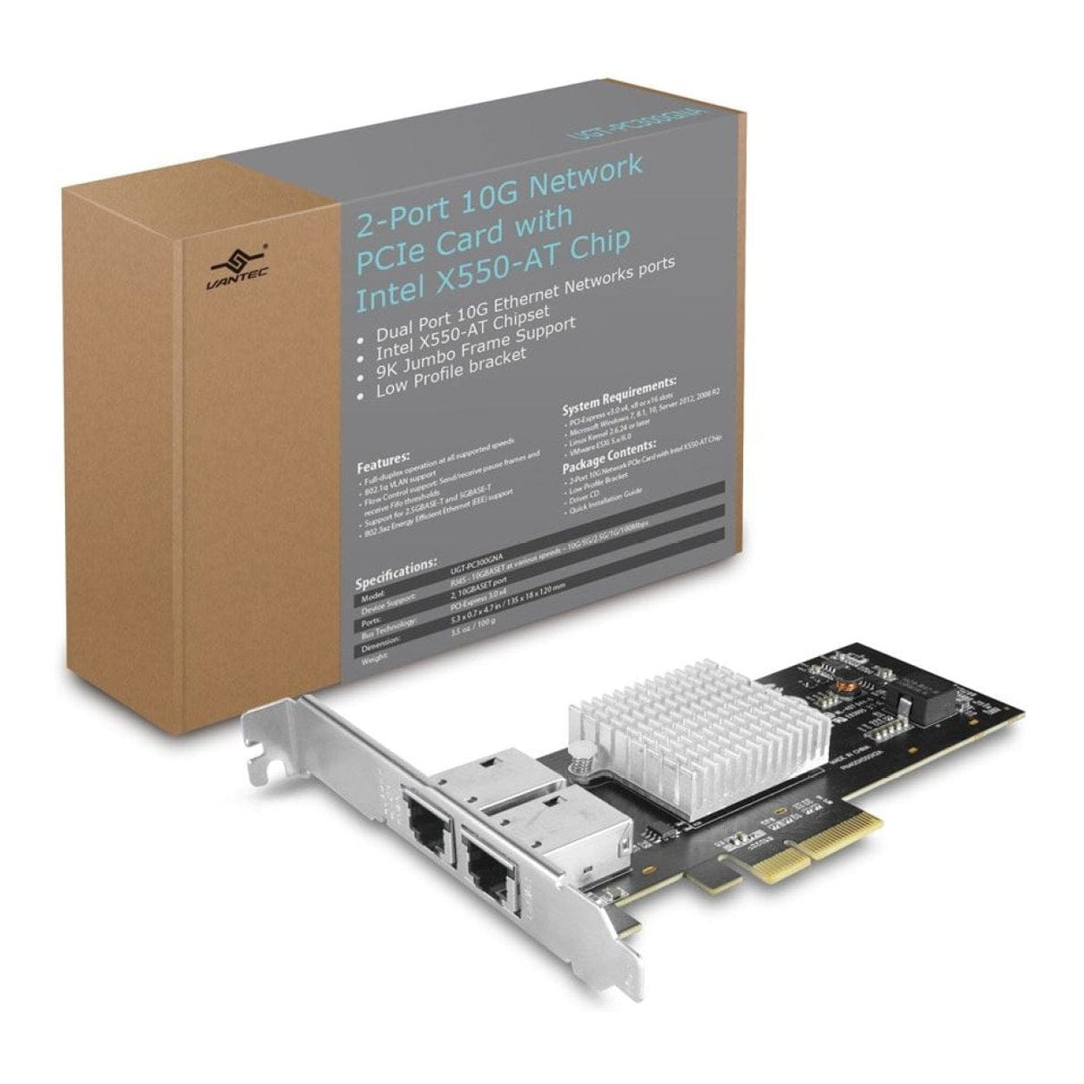 Vantec 2-port 10G Network PCIe Card with Intel X550-AT Chip UGT-PC330GNA