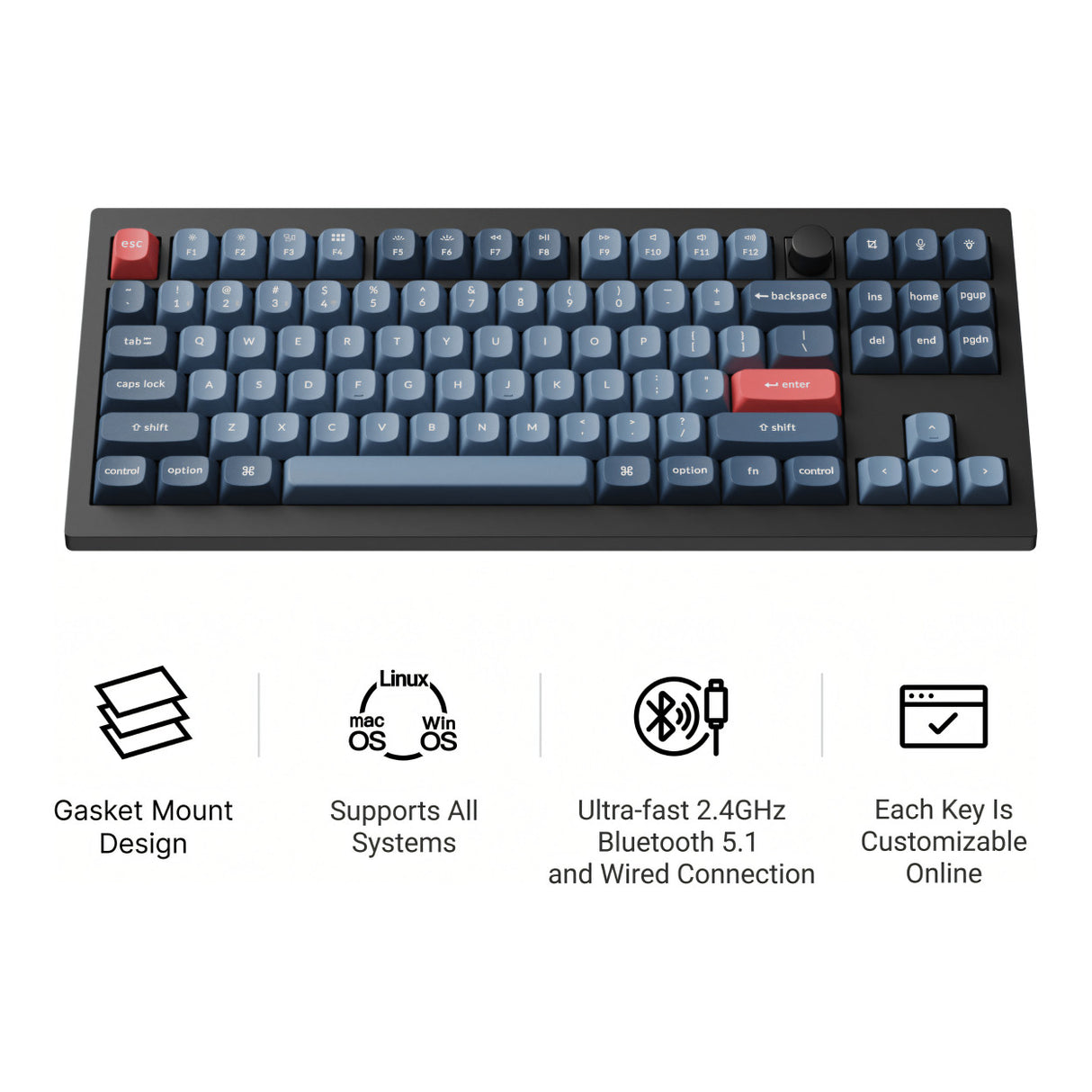 Keychron V3 Max QMK/VIA 80 Wireless Custom Brown Switch Mechanical Keyboard - Carbon Black V3M-D3