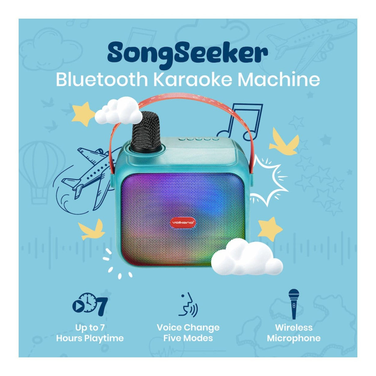 Volkano Kids SongSeeker Bluetooth Karaoke Machine with Wireless BT Microphone VK-10117-TQ