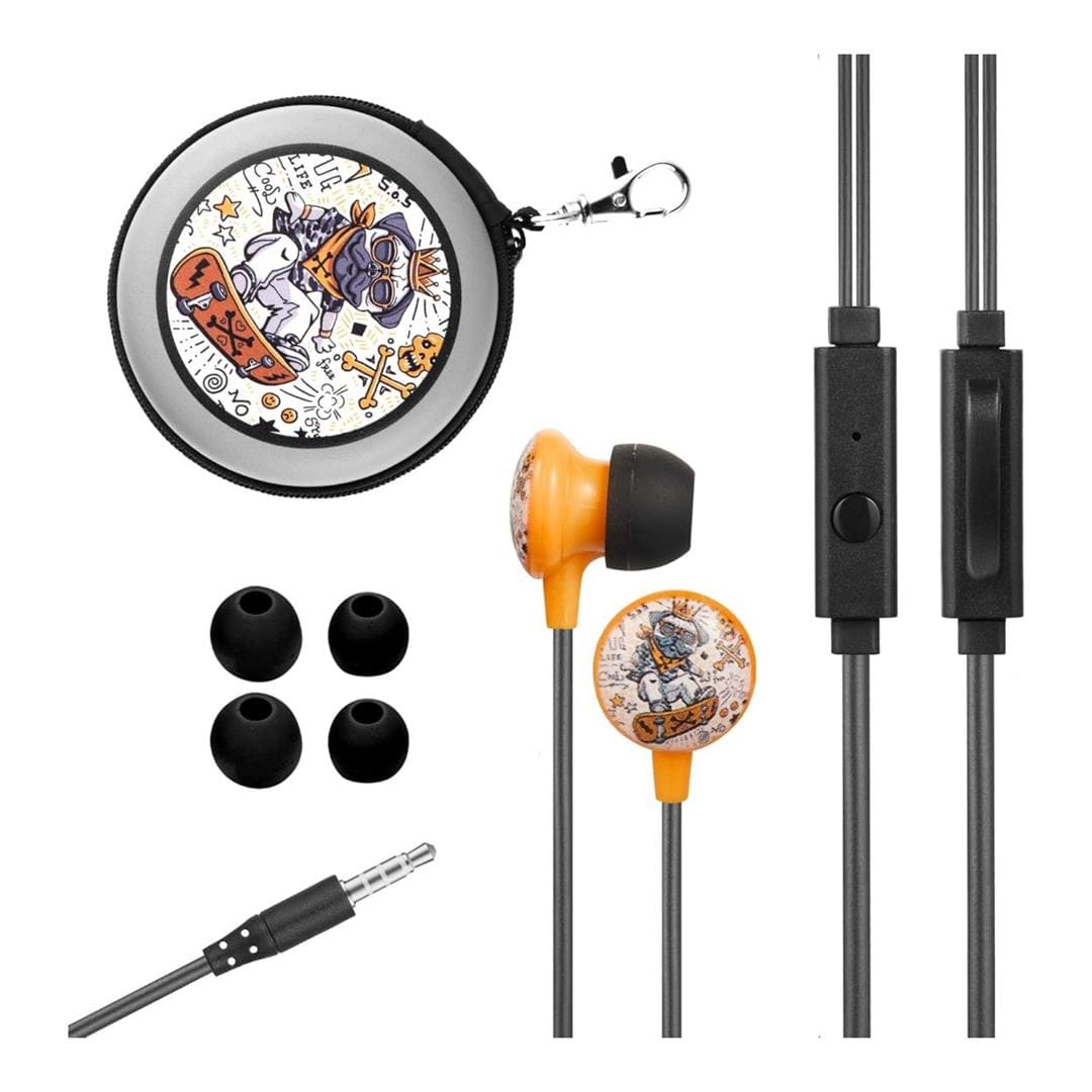 Volkano Kiddies Series Wired Earphones with Keychain - Bulldog on a Skateboard VK-1150-BD-CF