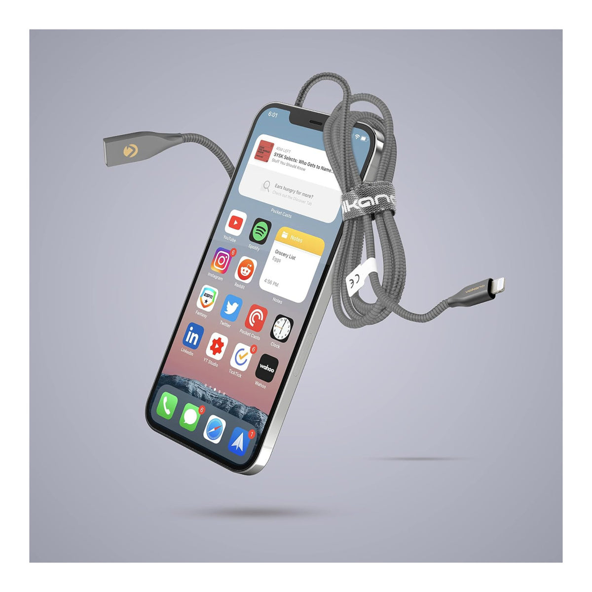 Volkano Iron Series Type-A to MFI Lightning Metallic Spring Cable 1.8m - Gun Metal VK-20094-GM-6