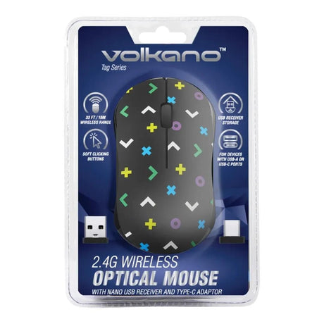 Volkano Tag Series Wireless Mouse with Nano USB and Type-C Receiver Black Geo VK-20180-BLKGEO