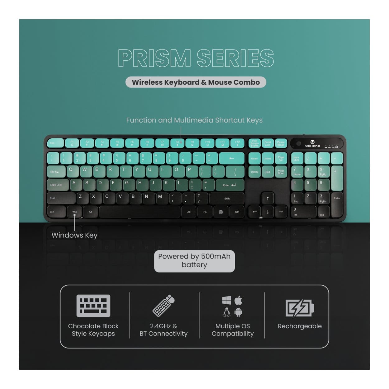 Volkano Prism Series Bluetooth Wireless Keyboard and Mouse Teal VK