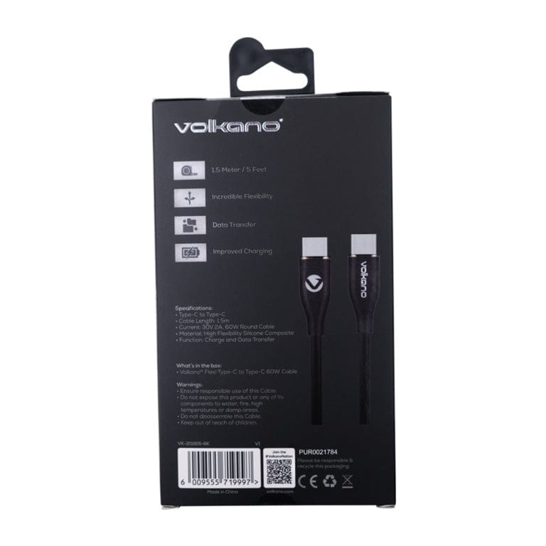 Volkano Flexi Series Type-C Male to Male 60W Cable 1.5m Black VK-20265-BK