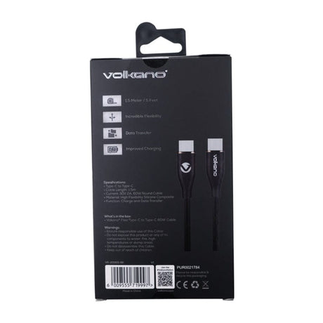Volkano Flexi Series Type-C Male to Male 60W Cable 1.5m Black VK-20265-BK
