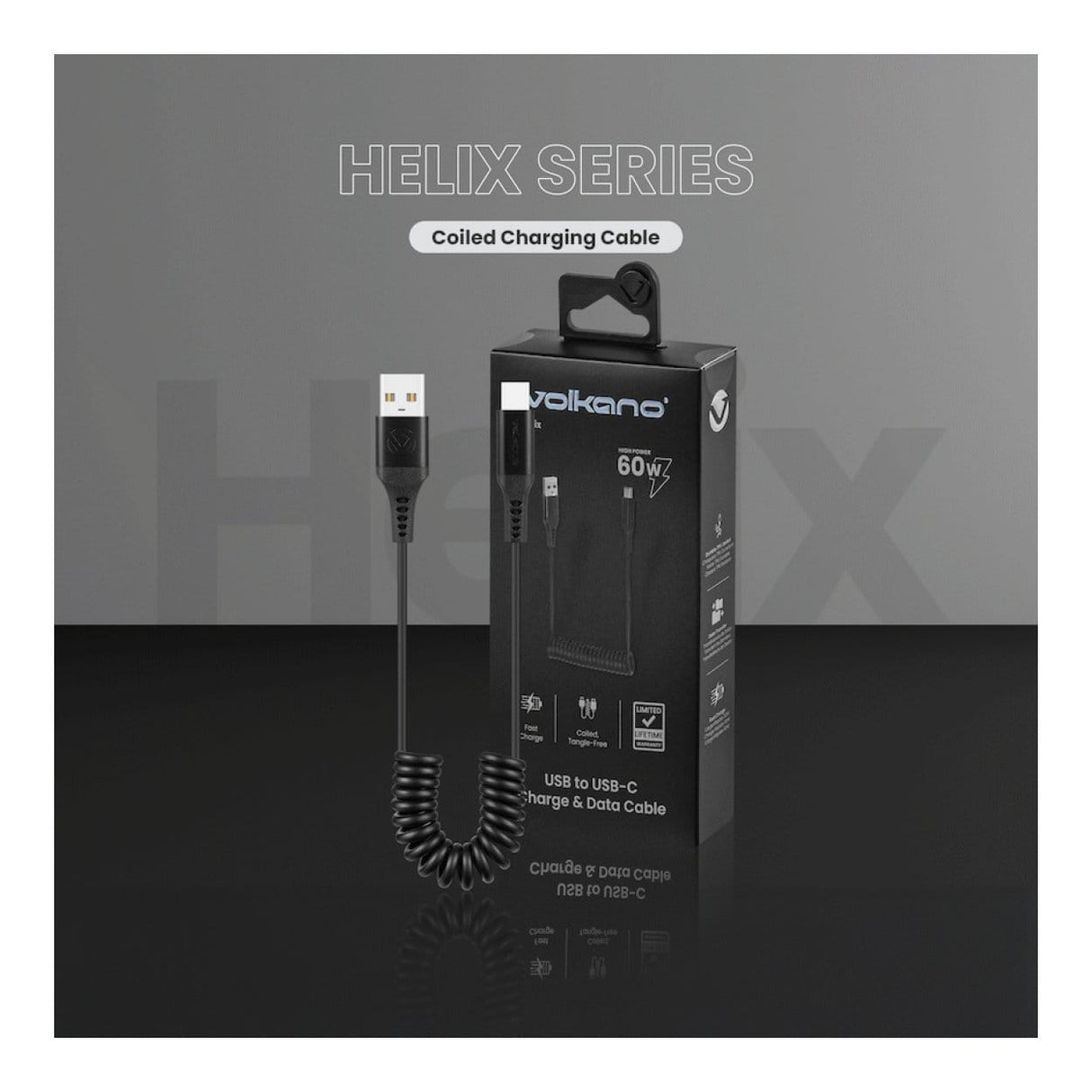 Volkano Helix Series 60W Type-C to Type-A Coiled Cable 1m Black VK-20376-BK