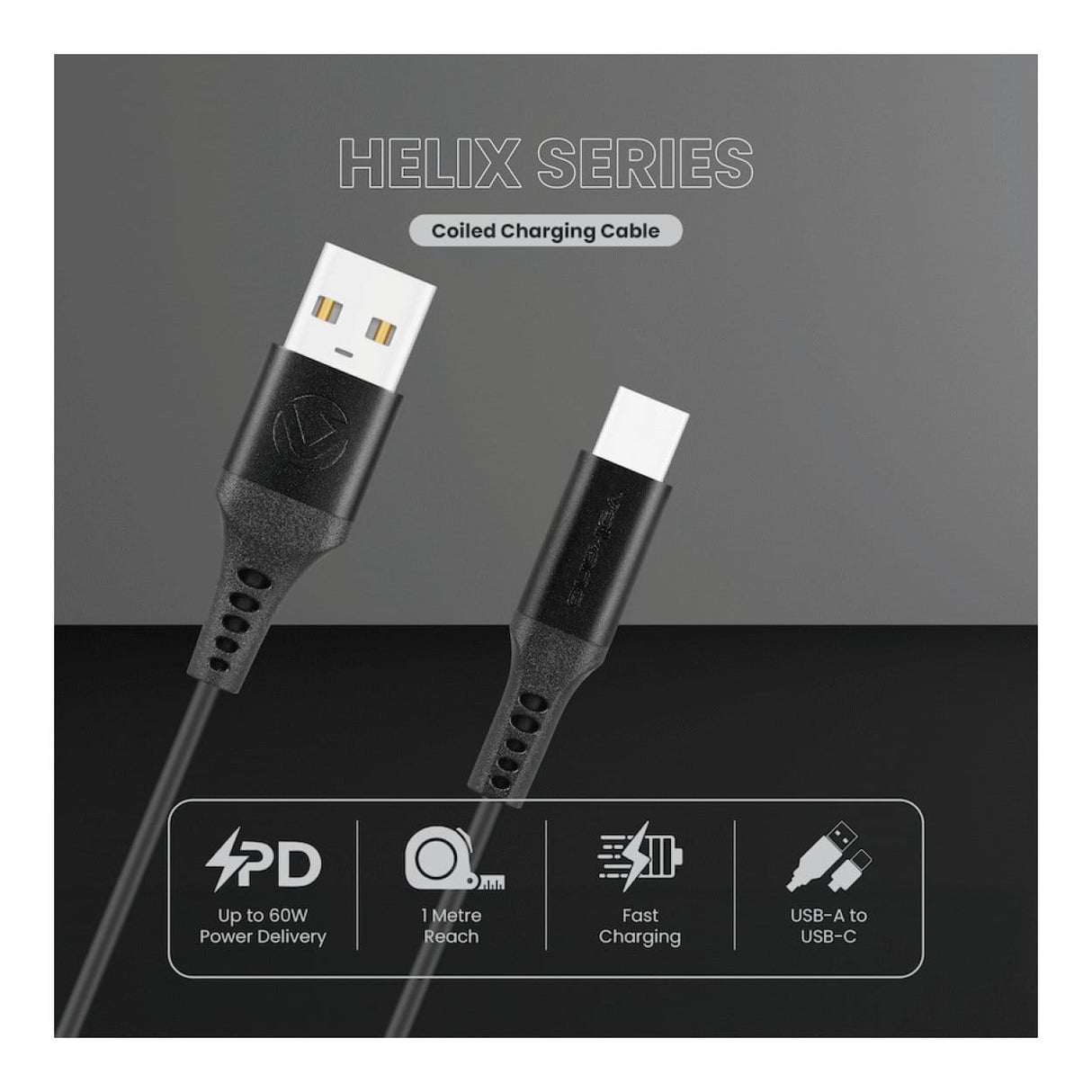 Volkano Helix Series 60W Type-C to Type-A Coiled Cable 1m Black VK-20376-BK