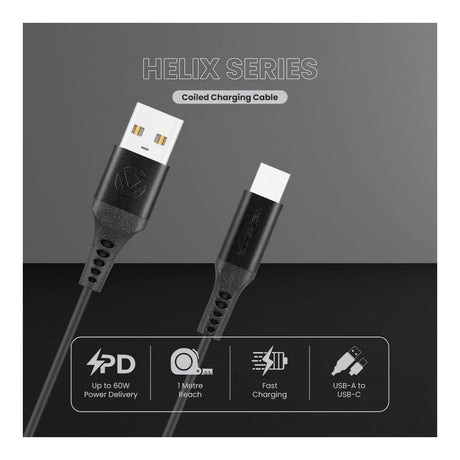 Volkano Helix Series 60W Type-C to Type-A Coiled Cable 1m Black VK-20376-BK