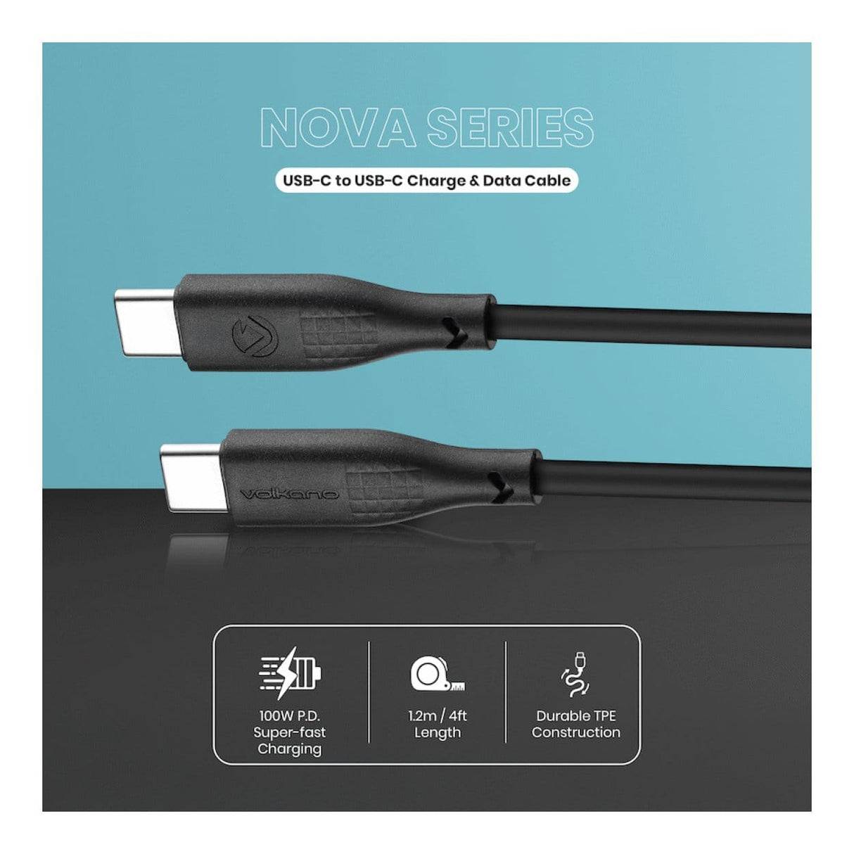 Volkano Nova Series 100W Type-C Male to Male TPE Cable 1.2m Black VK-30086-BK