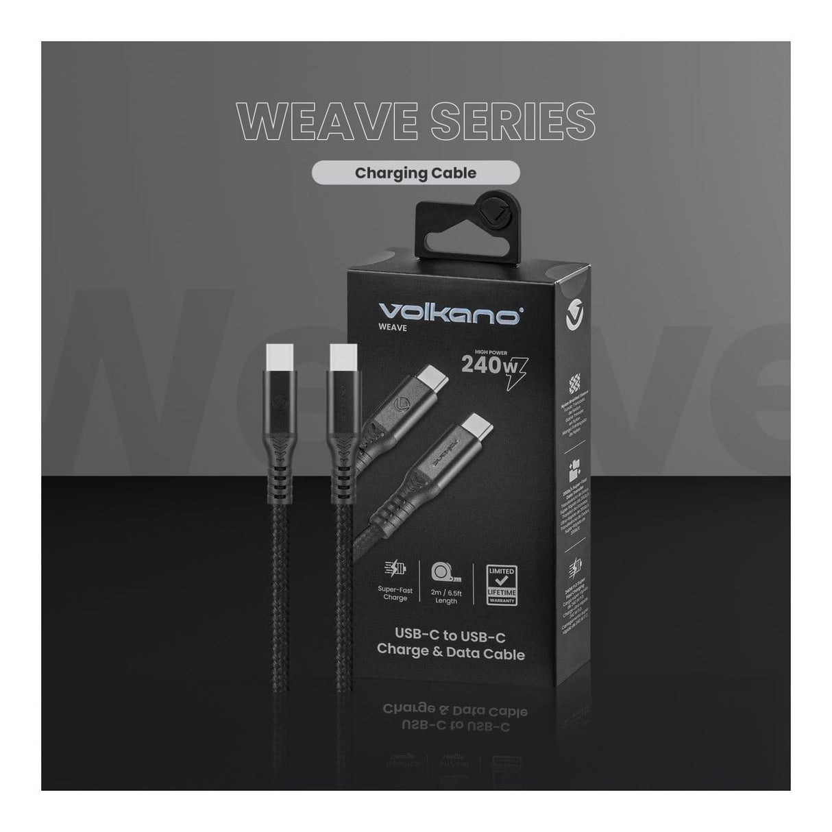 Volkano Weave Series 240W Type-C Male to Male Cable 2m Black VK-30239-BK