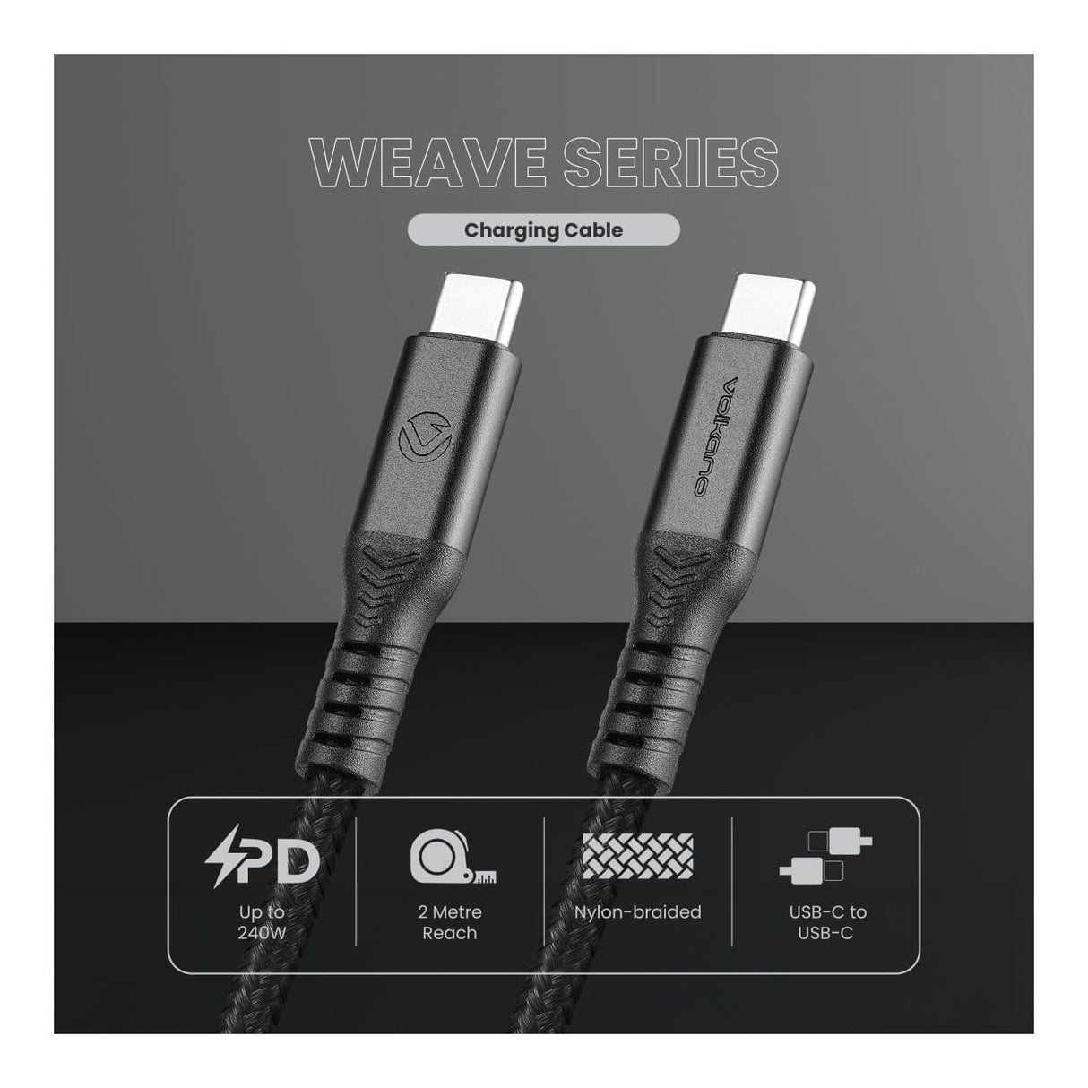 Volkano Weave Series 240W Type-C Male to Male Cable 2m Black VK-30239-BK