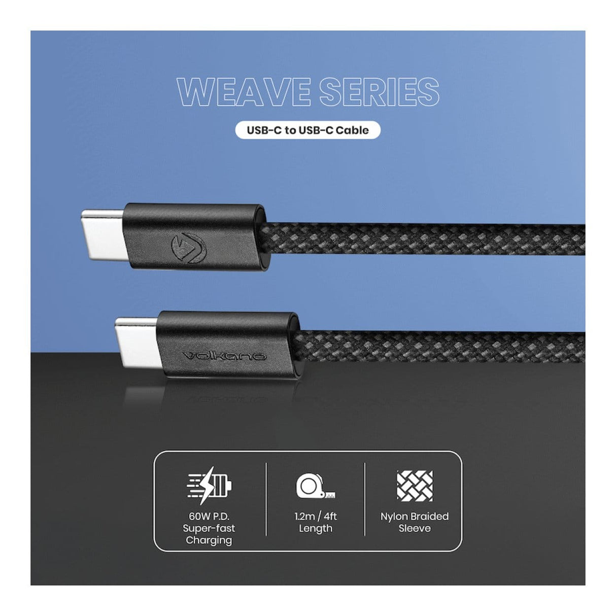 Volkano Weave Series 60W Type-C Male to Male Cable 1.2m Black VK-30260-BK