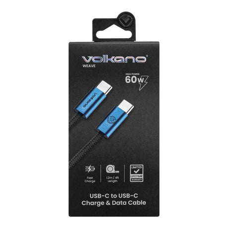 Volkano Weave Series 60W Type-C Male to Male Cable 1.2m Blue VK-30260-BL