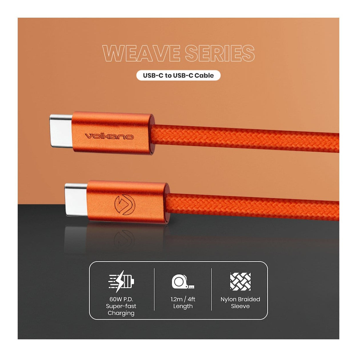 Volkano Weave Series 60W Type-C Male to Male Cable 1.2m Orange VK-30260-OR
