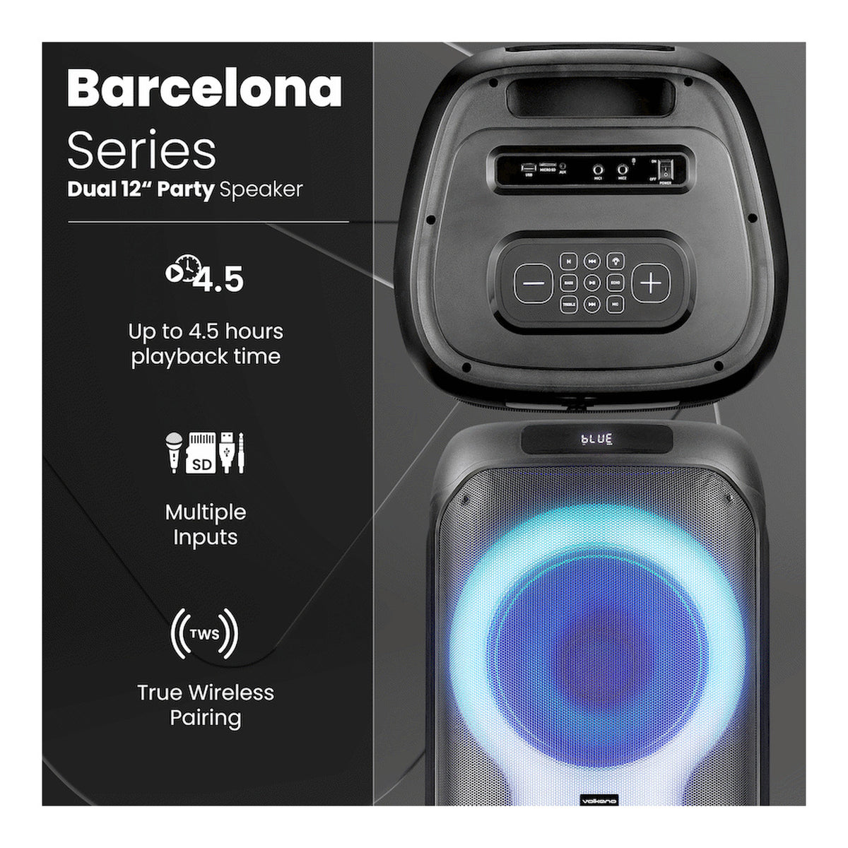 Volkano Barcelona Series Dual 12-inch Party Speaker VK-3906-D12-BK