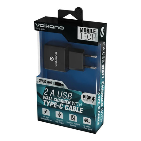 Volkano Volt-C Series 2A USB Wall Charger with USB Type-C Cable VK-5002C-BK(V1)