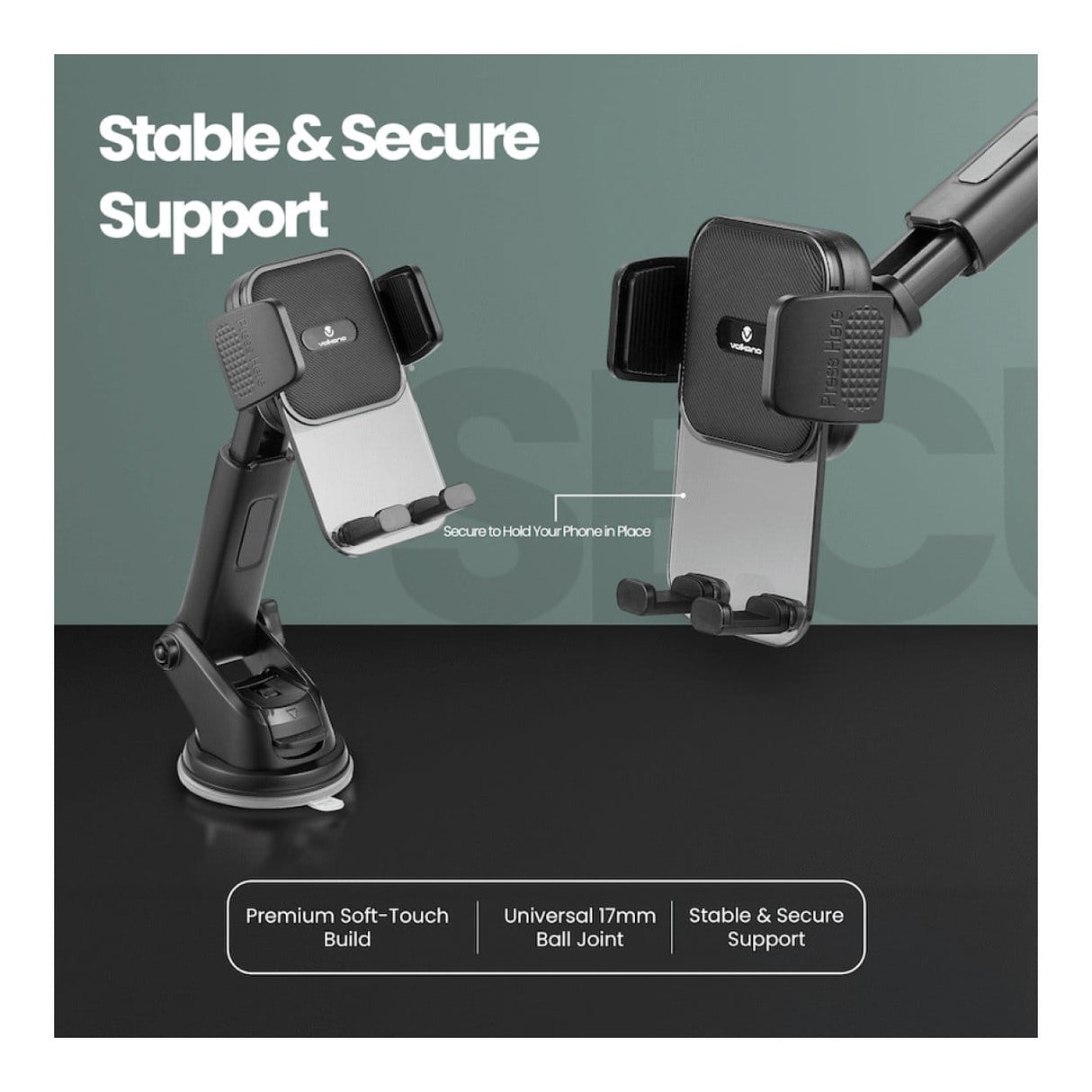 Volkano Secure Series Car Dash Mount Phone Holder Black VK-5306-BK