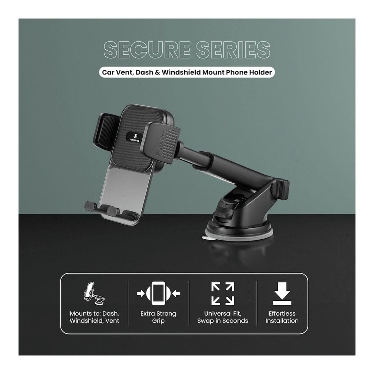 Volkano Secure Series Car Dash Mount Phone Holder Black VK-5306-BK