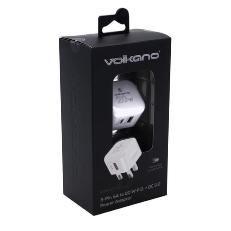 Volkano Robust Series 3-Pin SA to 20W PD + QC 3.0 Adapter VK-8014-WT