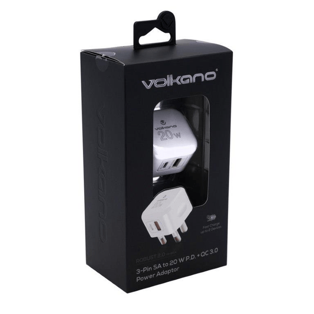 Volkano Robust Series 3-Pin SA to 20W PD + QC 3.0 Adapter VK-8014-WT
