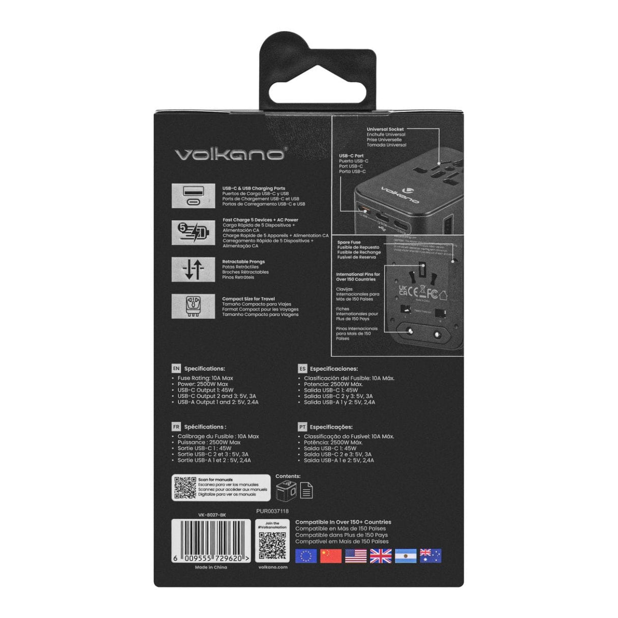 Volkano Jetsetter Series 45W PD Travel Adaptor Black VK-8027-BK