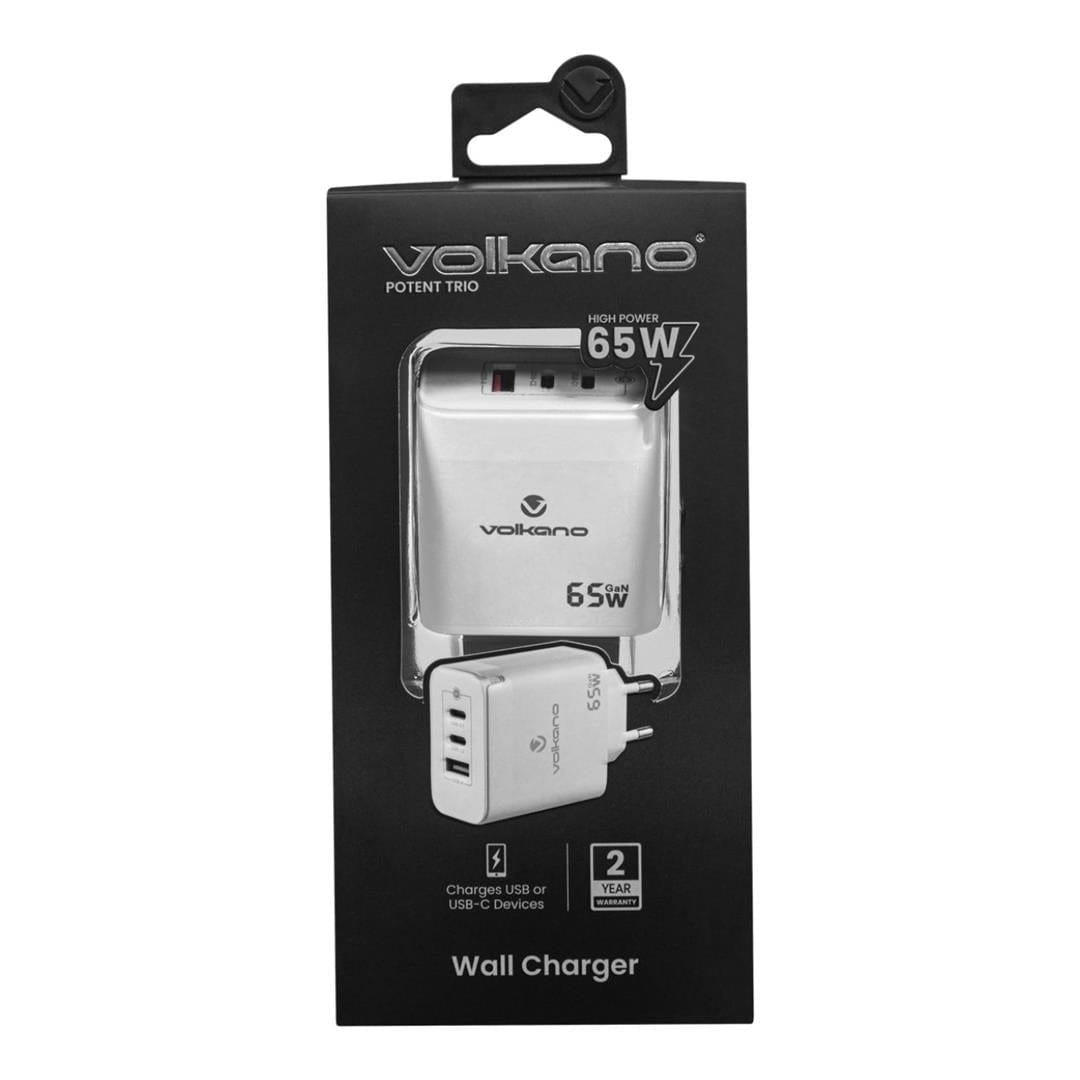 Volkano Potent Trio 65W GaN 3 Port Wall Charger White VK-8065-WT