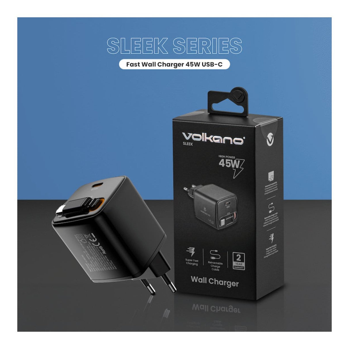 Volkano Sleek Series 45W Type-C Fast Charging Adapter Black VK-8082-BK