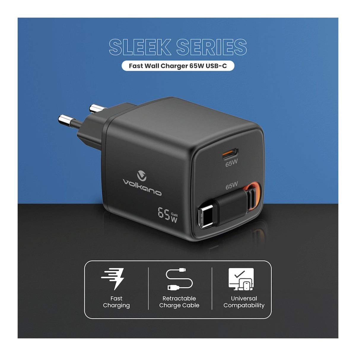 Volkano Sleek Series 65W GaN USB-C Fast Wall Charger with 75cm Retractable Cable Black VK-8083-BK(V1)