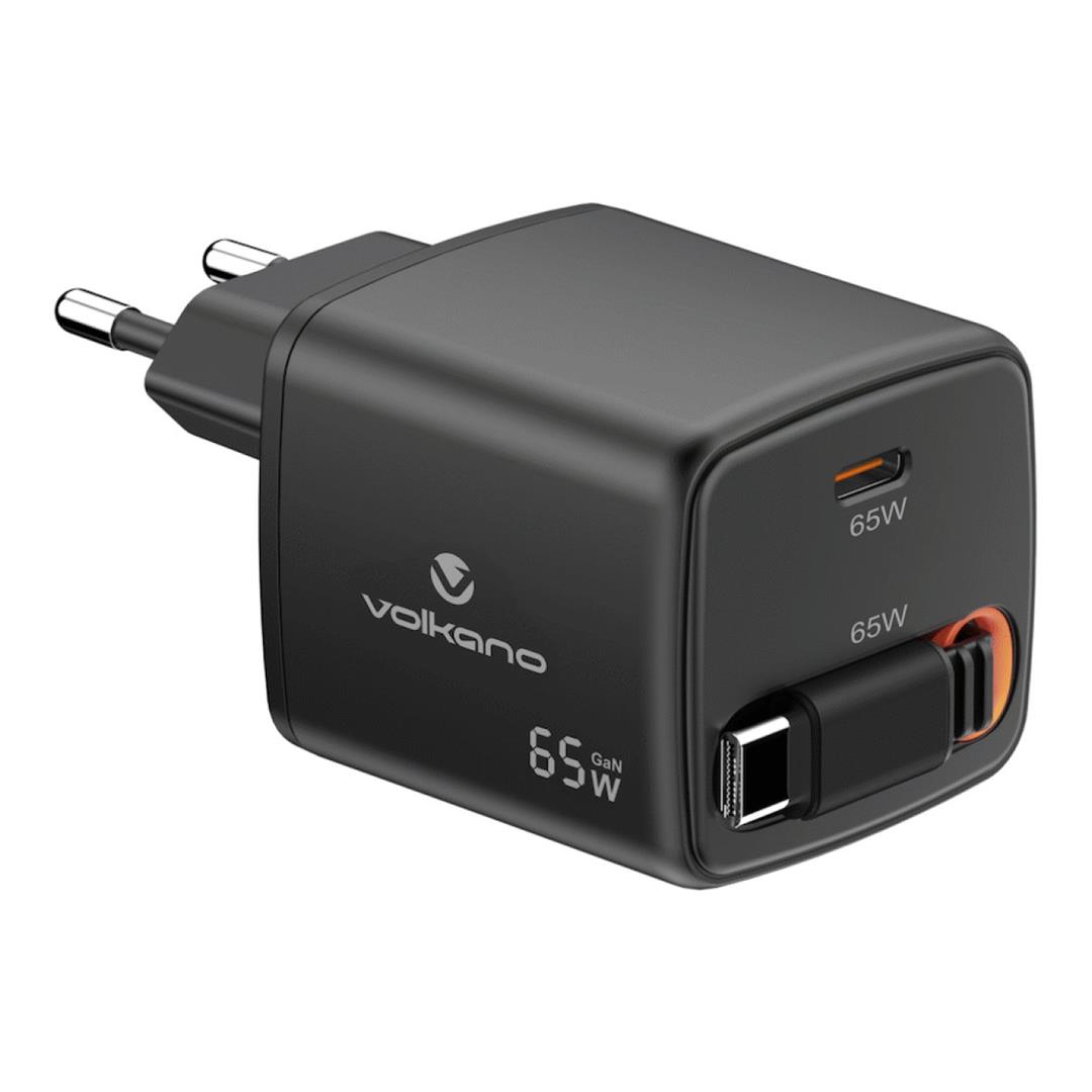 Volkano Sleek Series 65W GaN USB-C Fast Wall Charger with 75cm Retractable Cable Black VK-8083-BK(V1)