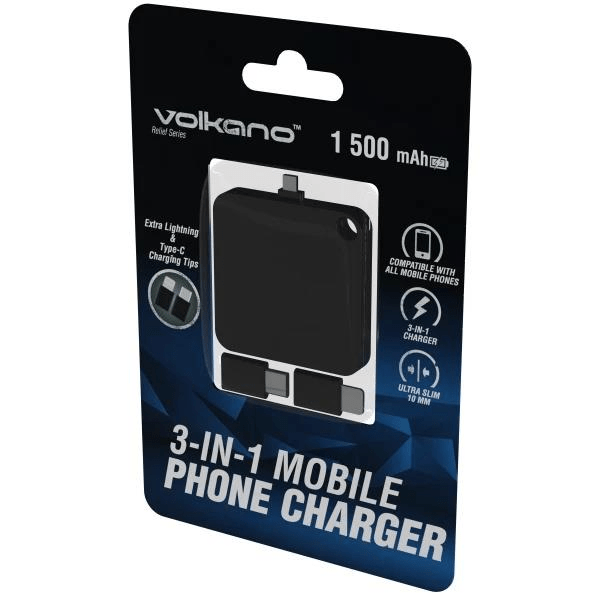 Volkano Relief Series 1.500mAh 3-in-1 Mobile Phone Charger Black VK-9015-BK