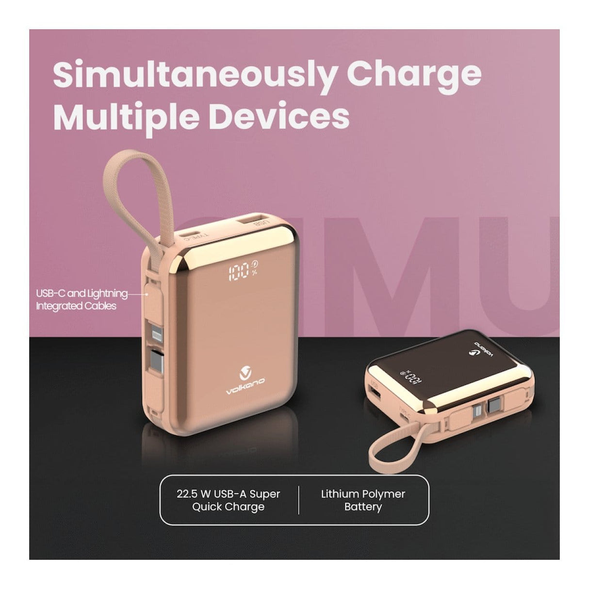 Volkano Solace Series 10000mAh Powerbank Pink Rose Gold VK-9039-PK/RG