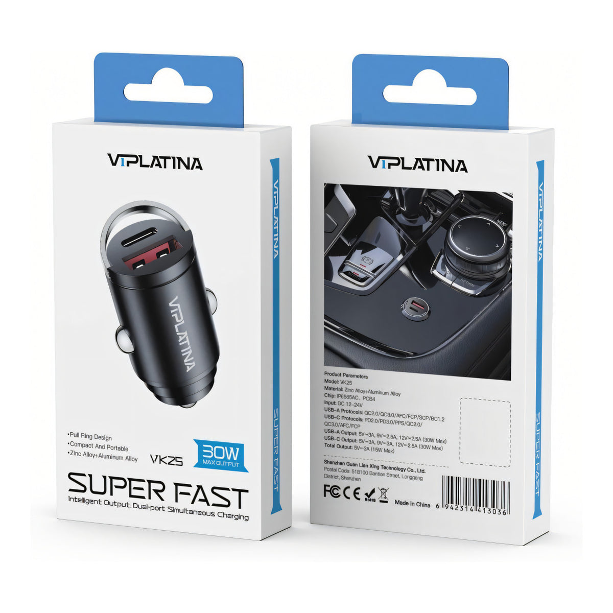 VIPLATINA VK25 30W Dual-Port USB-A/C Car Charger
