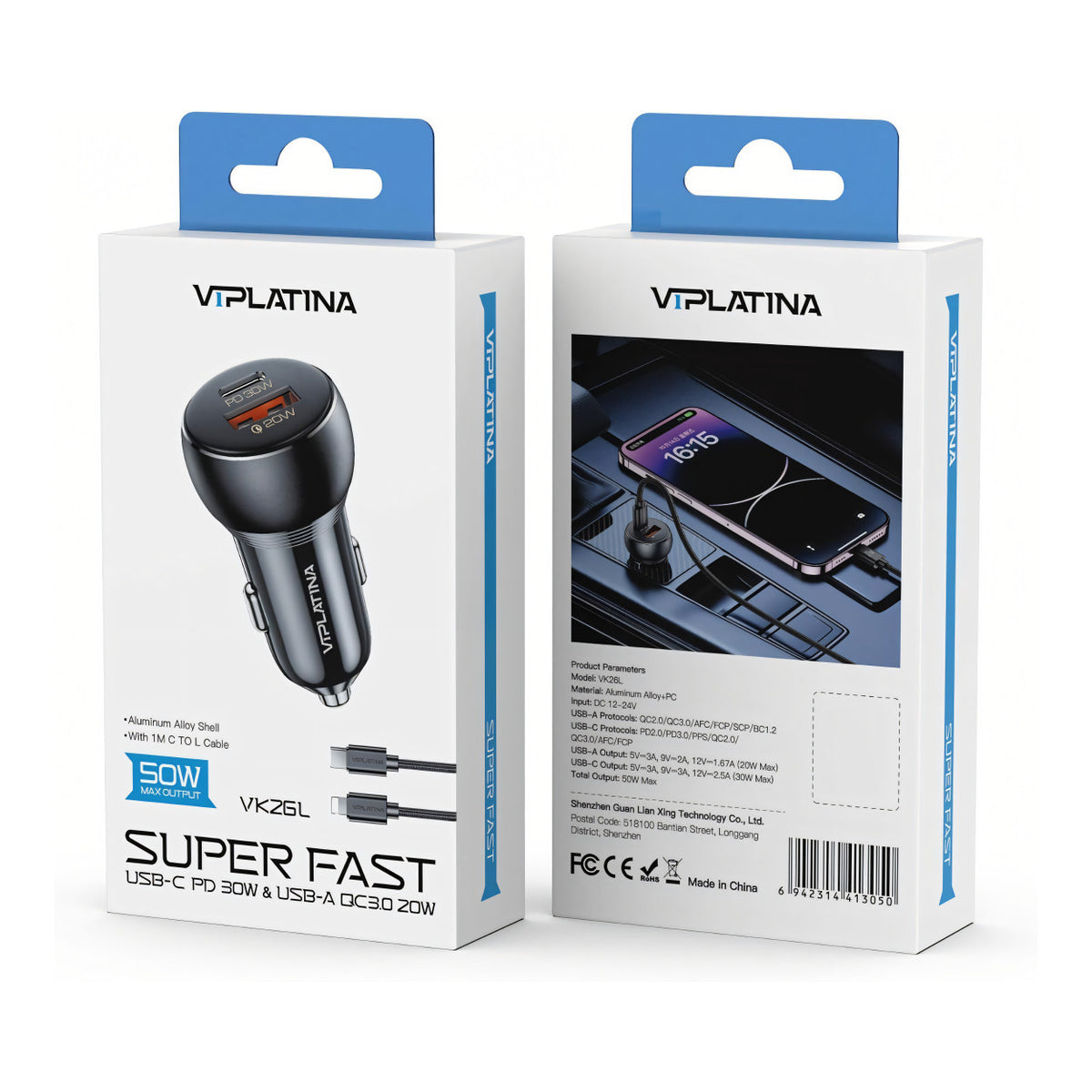 VIPLATINA VK26L 50W USB-A/C Super Fast Car Charger