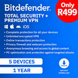Bitdefender Total Security 5 Device with Premium VPN 5 Device 1-Year Subscription Download Bundle