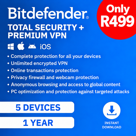 Bitdefender Total Security 5 Device with Premium VPN 5 Device 1-Year Subscription Download Bundle